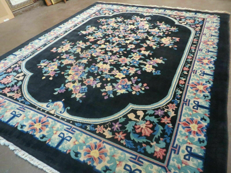 8' x 10' Vintage Handmade Art Deco Plush Chinese Wool Rug center Flower Black