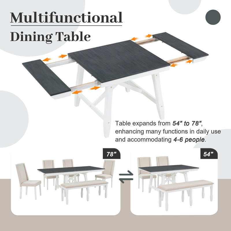 6-Piece Classic Dining Table Set, Rectangular Extendable Dining Table with two 12"W Removable Leaves and 4 Upholstered Chairs & 1 Bench for Dining Room (Gray+White)