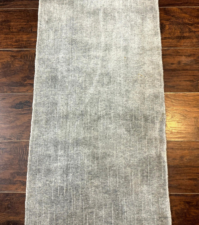 Modern Tibetan Runner Rug 1.9 x 8.6, Wool and Silk Highlights, Gray/Silver, Narrow Runner for Hallway or Kitchen