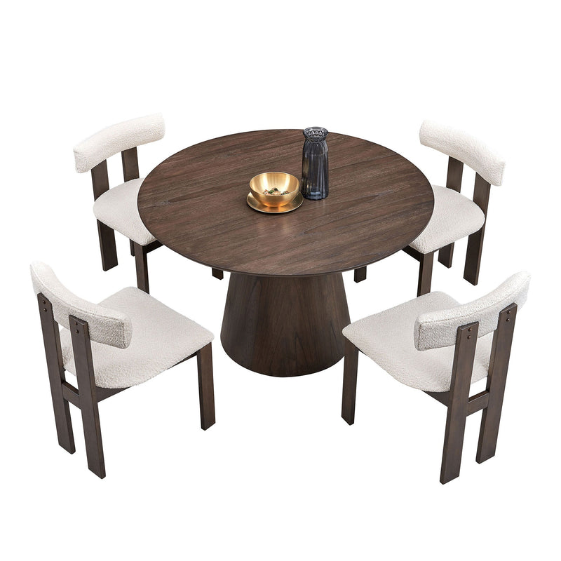 (1 Table with 4 Chairs)Wooden Dining Table Set, Modern Round MDF Kitchen Table and Boucle Upholstered Dining Chairs for Dining Room, Kitchen, Saving Space, Brown