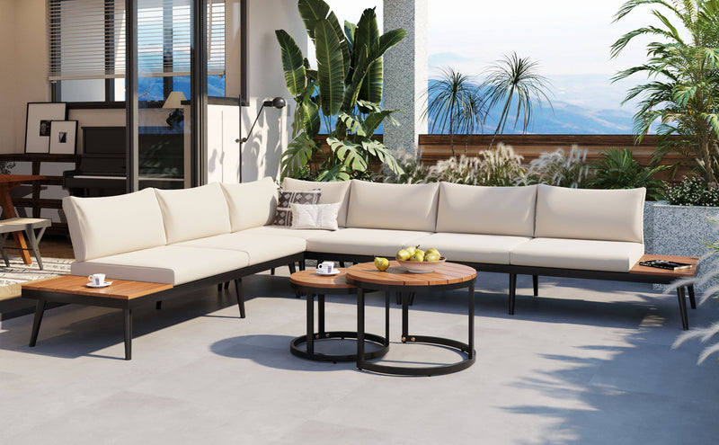 6-Piece Outdoor Sectional Sofa Set with Round Nesting Coffee Tables and Seating Sofa with Cushions for Patio, Porch and Garden (Beige)