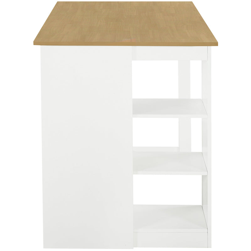 60"Lx30"W Solid Wood Farmhouse Counter Height Dining Table Set with 3-Tier Storage Shelves, Upholstered Dining Chairs for 4, 5-Piece, White