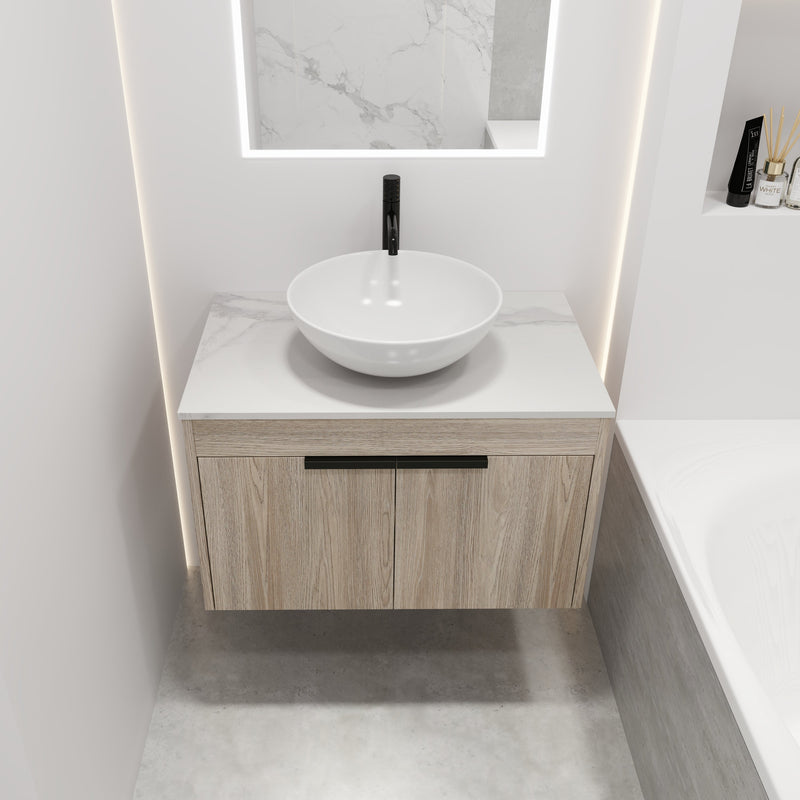 30" Modern Design Float Bathroom Vanity With Ceramic Basin Set, Wall Mounted White Oak Vanity With Soft Close Door, KD-PackingD-Packing Pieces