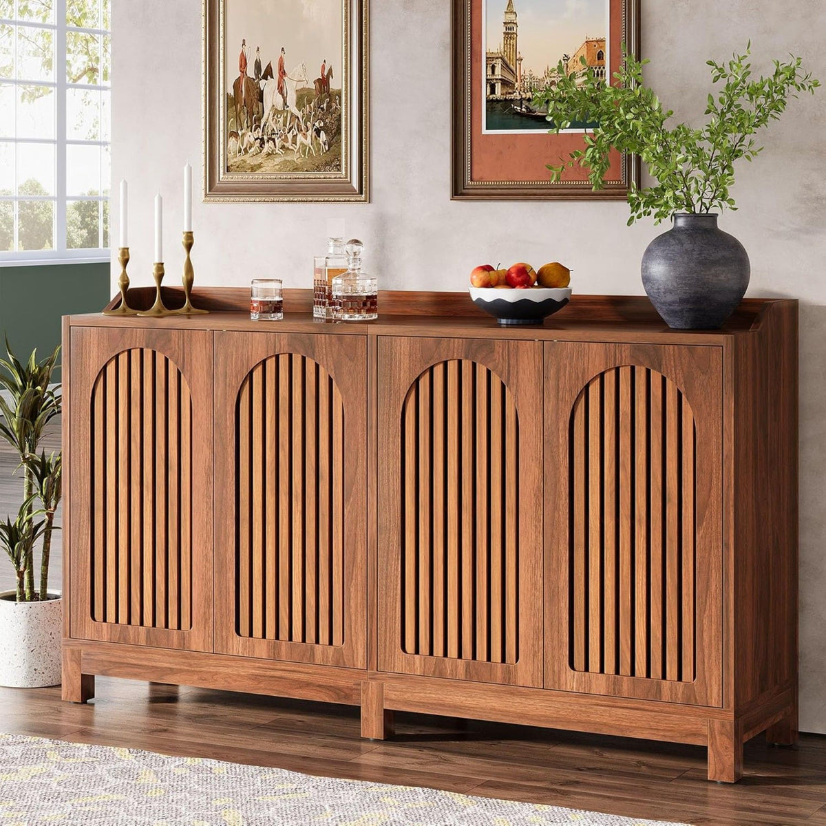 Sideboard Buffet Cabinet With 4 Doors & Shelves, Credenza Table For Dining Room - Brown, photo 8 of 14