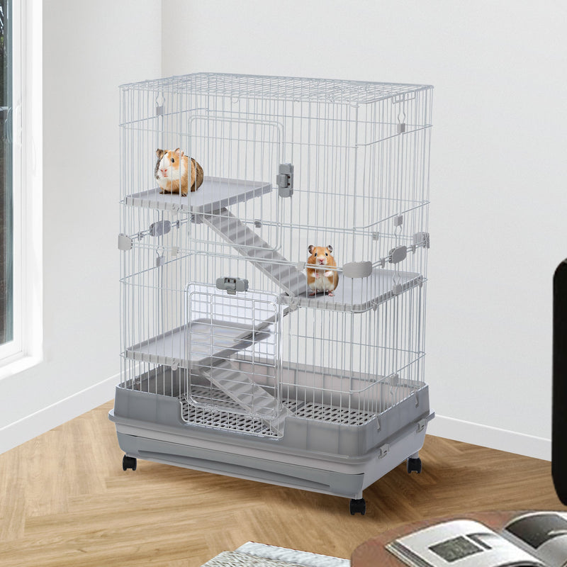 4-Tier 32" Small Animal Metal Cage Height Adjustable with Lockable Casters Grilles Pull-out Tray for Rabbit Chinchilla Ferret Bunny Guinea Pig Squirrel Hedgehog (GREY)