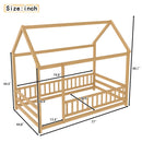 Twin Size Floor Wooden Bed with House Roof Frame, Fence Guardrails