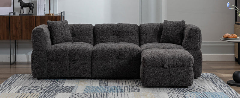 87.7" Sectional Sofa Cozy Teddy Fleece Fabric Sectional Sofa Couch with Two USB Ports a Movable Storage Ottoman and Two Lumbar Pillows for Living Room, Gray