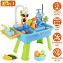 3 In 1 Kitchen Sink Toy with Electric Faucet Water Table Fishing Game Role Play Sink Set Indoor Outdoor for Kids Aged 3+ Years Old