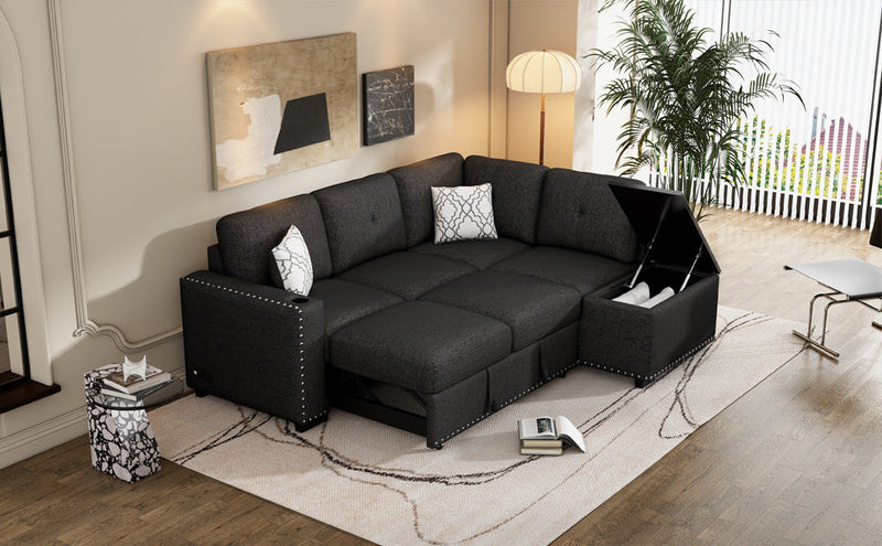 83.8" Reversible Sectional Pull-Out Sofa Bed L-Shaped Corner Sofa Couch with Storage Chaise, USB Ports, Power Sockets, Cup Holder for Living Room, Bedroom, Study, Black