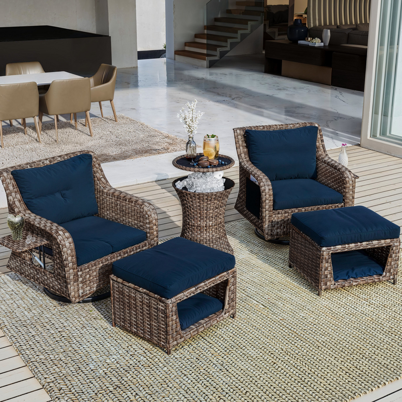 5 Pieces Outdoor Patio Furniture Set with Pet House Cool Bar and Retractable Side Tray, Rattan Wicker Patio Swivel Rocking Chairs Set of 2 with Ottomans for Backyard, Porch, Balcony, Navy Blue