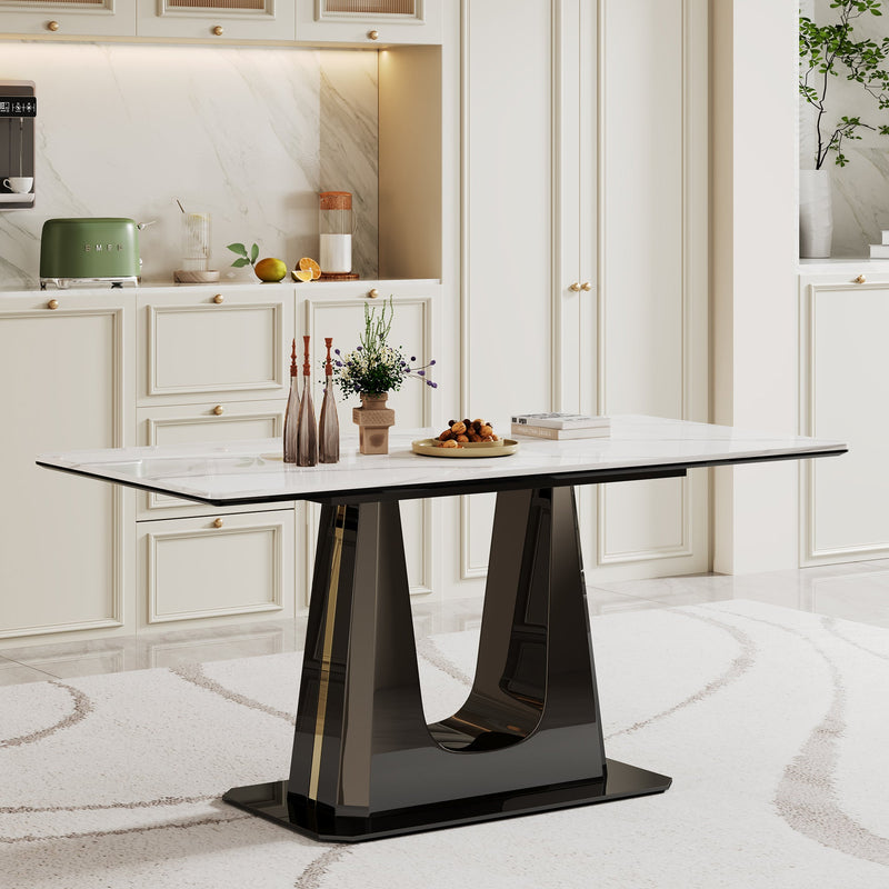 0.47" Thick Sintered Stone Composite Tempered Glass Top Rectangular Dining Table with Black Stainless Steel Base