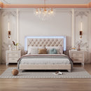 3-Pieces Bedroom Sets,Queen Size Upholstered Platform Bed with LED Lights and Two Nightstands-Beige