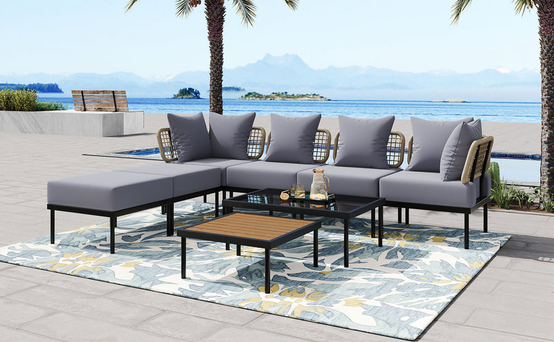 8-Piece Patio Sectional Sofa Set with Tempered Glass Coffee Table and Wooden Coffee Table for Outdoor Oasis, Garden, Patio and Poolside (Light Grey Cushion + Black Steel)