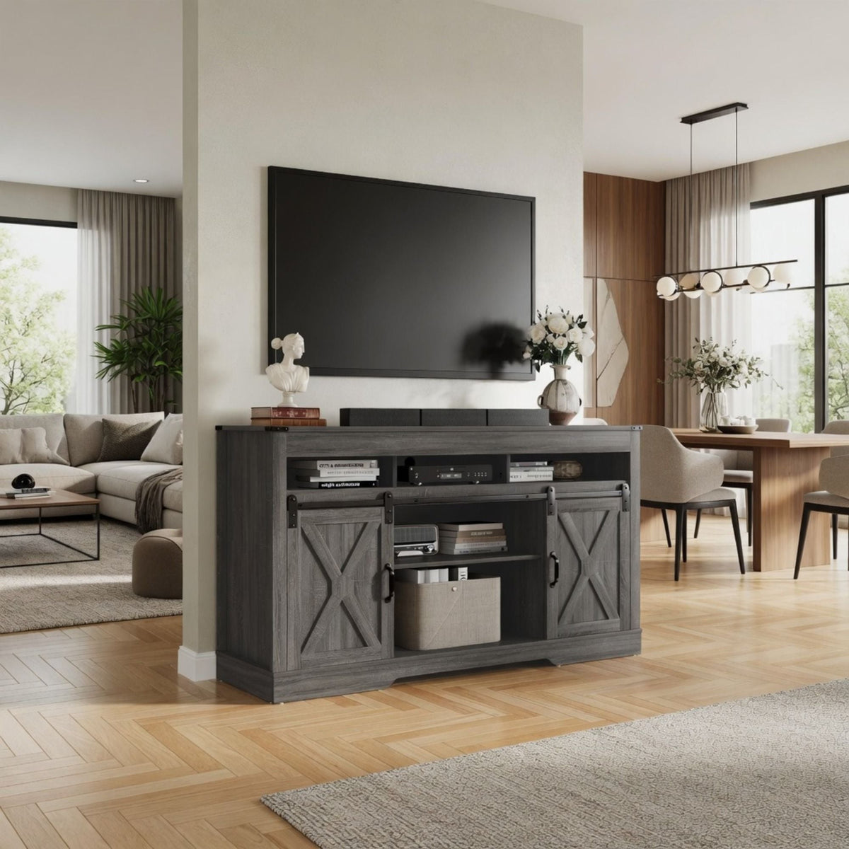 Farmhouse TV Stand With Sliding Barn Doors & Adjustable Storage, photo 40 of 40