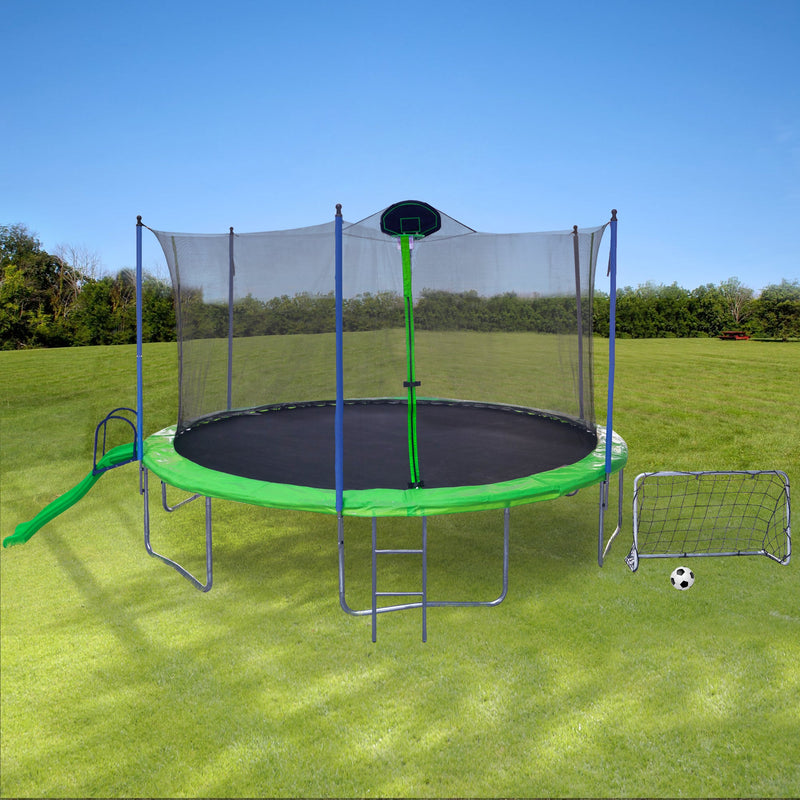 16FT Trampoline with Slide, Outdoor Trampoline for Kids and Adults with Enclosure Net and Ladder,football goal,backboard