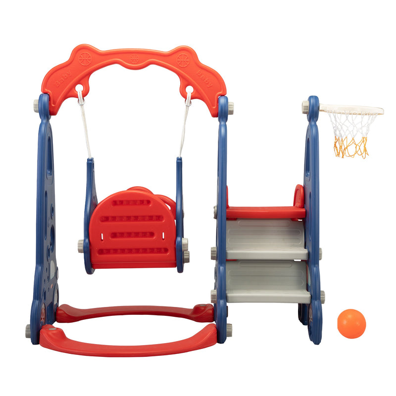 3 In 1 Slide and Swing Set with Basketball Hoop for 1-8 Years Old Children Indoor and Outdoor, Red & Blue
