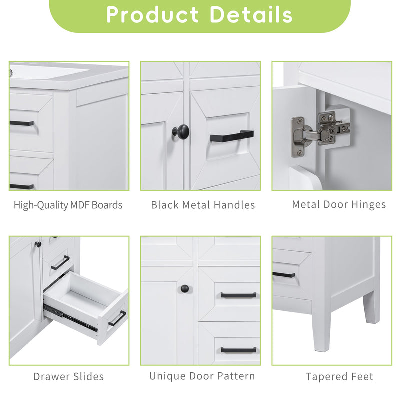 30" Bathroom Vanity without Sink, Cabinet Base Only, Bathroom Cabinet with Drawers, Solid Frame and MDF Board, White