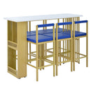 7-Piece Multi-Functional Modern Counter Height Dining Bar Table Set with Open Shelves and 6 Upholstered Stools for Dining Room, Bar and Cafe (White and Blue)