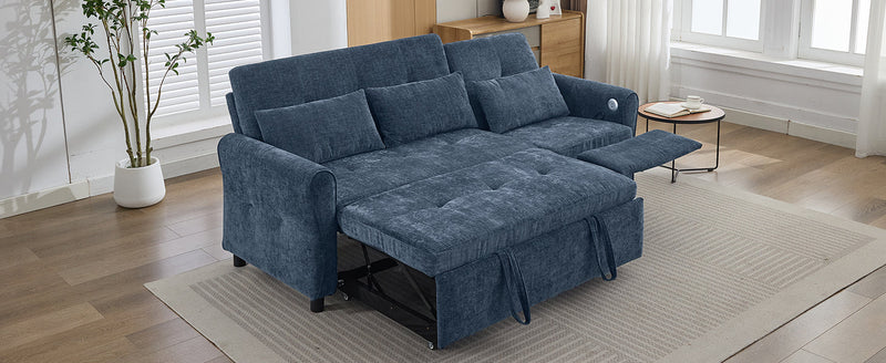 2-in-1 Sofa 82' Three-seater Sofa with Sofa Bed and Reversible Recliner, Blue Chenille
