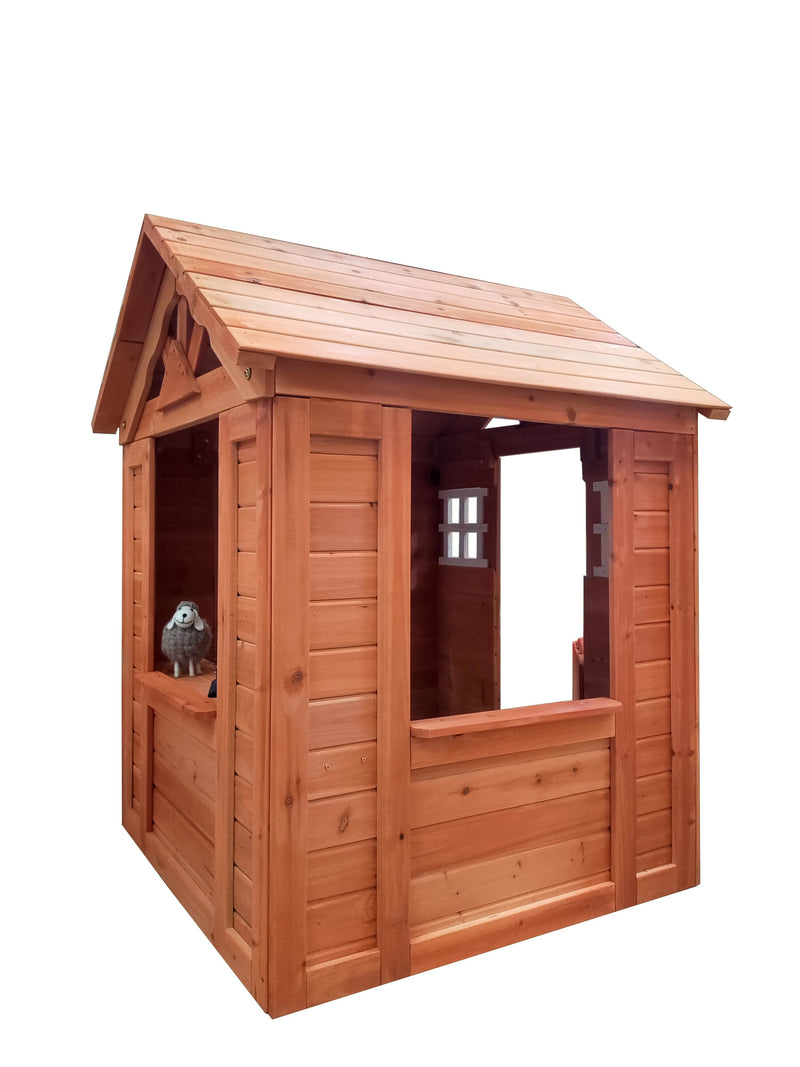 All Wooden Kids Playhouse with 2 windows and flowerpot holder,42"Lx46"x55"H,Golden Red