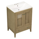 24" Bathroom Vanity with Ceramic Basin, Rattan Bathroom Storage Cabinet with Two Doors and Drawer, Solid Frame, Natural