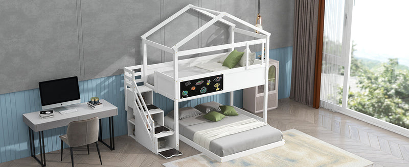 Walker Edison | Twin over Full House Bunk Bed with Storage Staircase and Blackboard, White