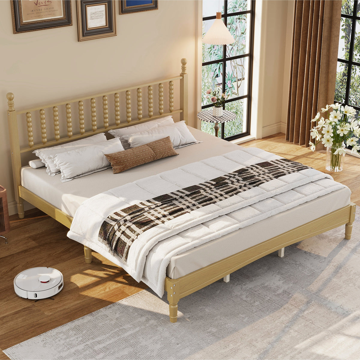 King Size Wood Platform Bed with Gourd Shaped Headboard, photo 3 of 10