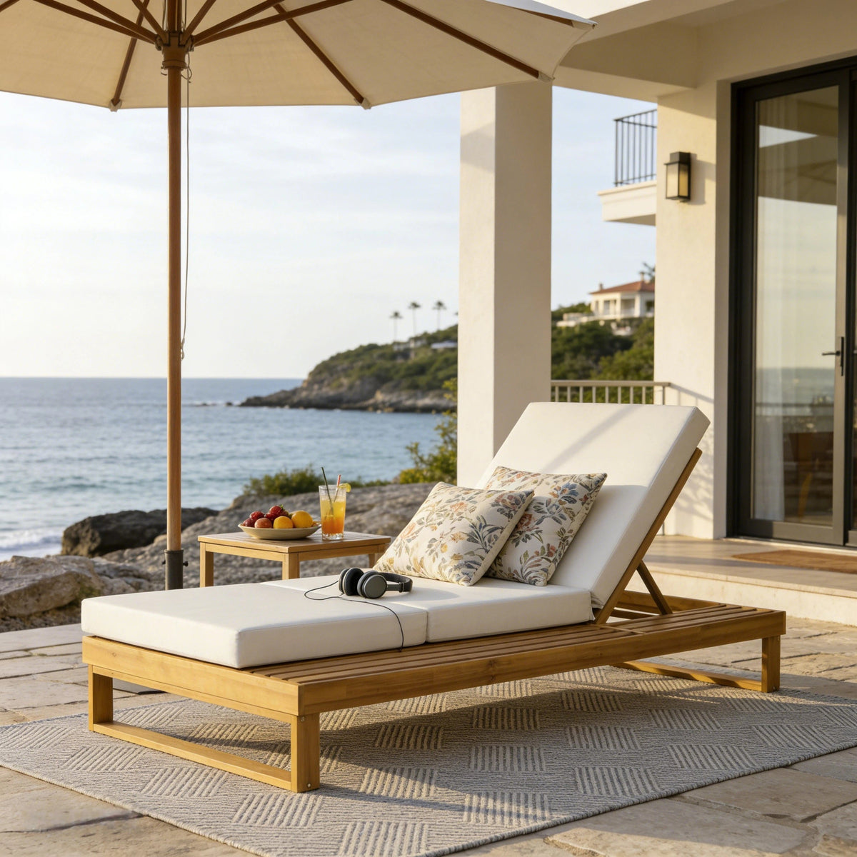 Teak Finish Acacia Wood Chaise Lounge with 4-Inch Cushion, photo 7 of 10