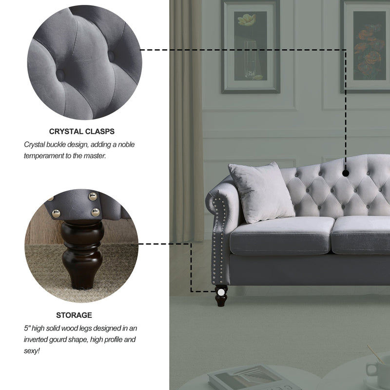 79" Chesterfield Sofa Grey Velvet for Living Room, 3 Seater Sofa Tufted Couch with Rolled Arms and Nailhead for Living Room, Bedroom, Office, Apartment, two pillows