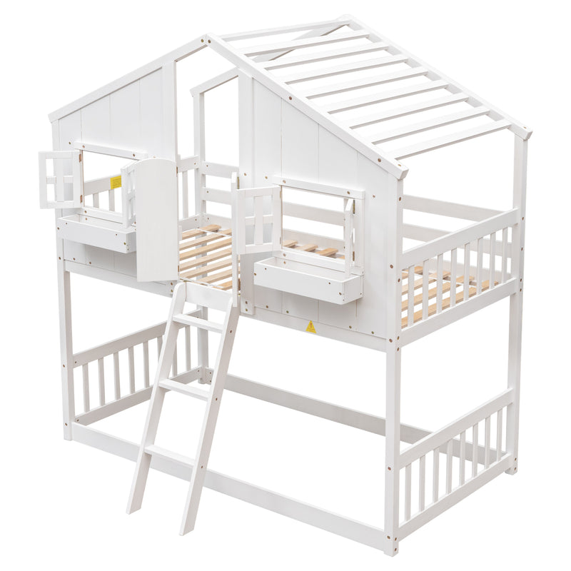 Twin over Twin House Bunk Bed with Roof, Window, Window Box, Door, with Safety Guardrails and Ladder, White