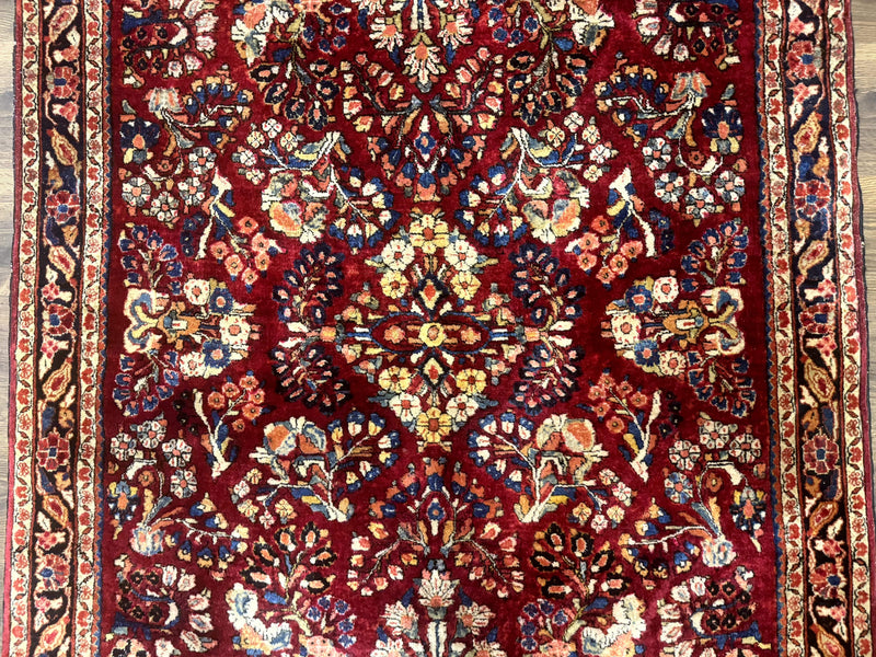 Antique Persian Sarouk Rug 4x6, Floral, Red, Wool Hand Knotted Fine 225 KPSI