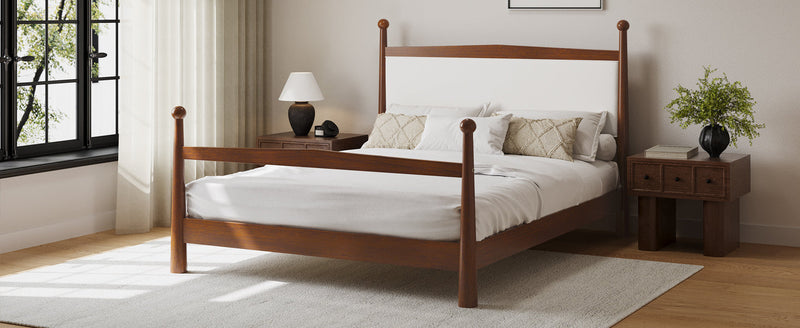 Mid-Century Modern King Size Solid Pine Wood Platform Bed with Upholstered Headboard in Boucle, No Box Spring Needed, Brown