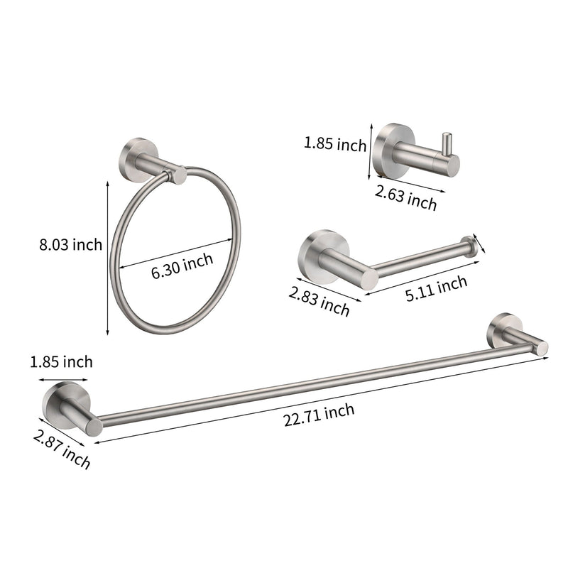 Bathroom Set 4 Pack With Towel Bar Racks, Toilet Paper Holder, Ring, Hook, Stainless Steel - Brushed Nickel, photo 4 of 8