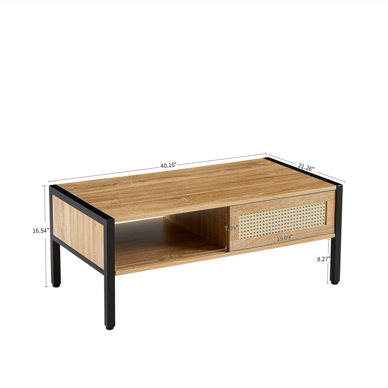 40.16" Rattan Coffee table, sliding door for storage, metal legs, Modern table for living room, natural