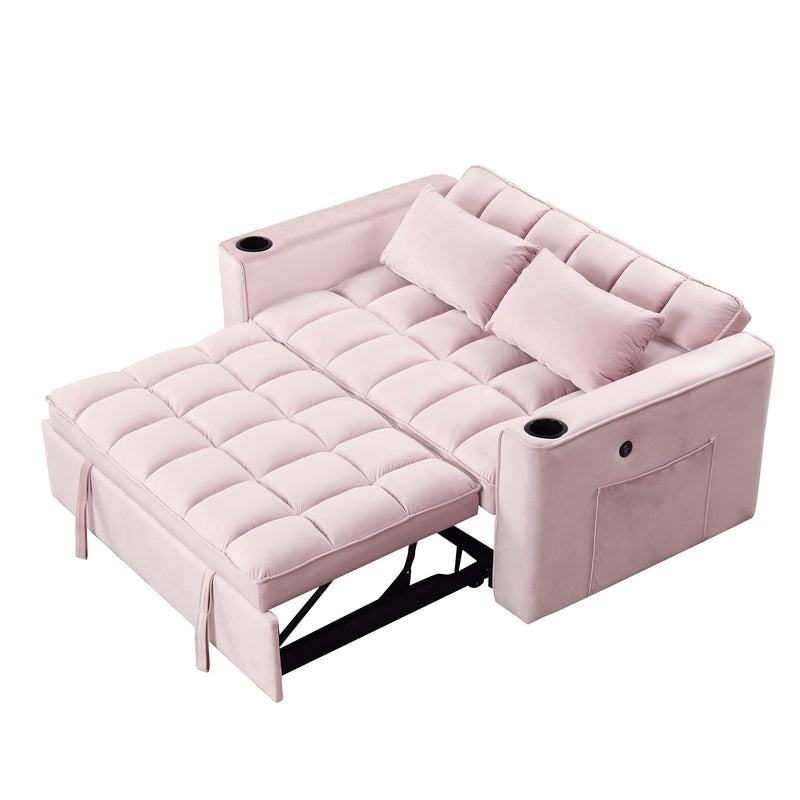 55.3" 4-1 Multi-functional Sofa Bed with Cup Holder and USB Port for Living Room or Apartments Pink