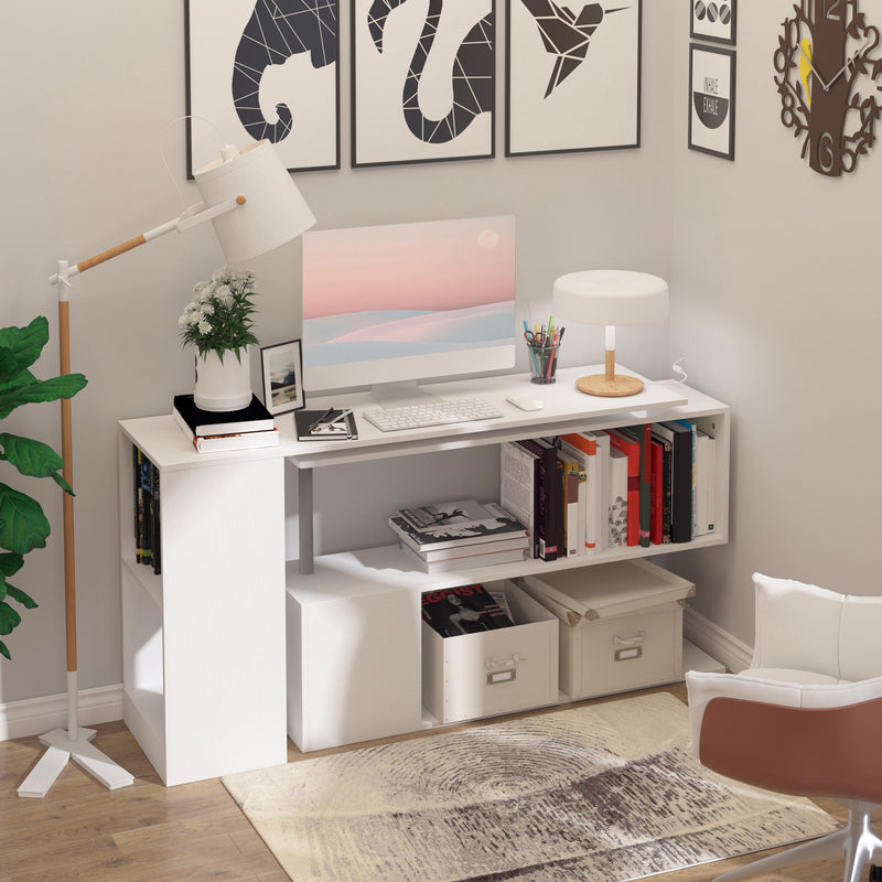 55" 360 Rotating Corner Computer Desk Modern L-Shaped Home Office Workstation with 3-Tier Storage Shelves, Bookshelf, White
