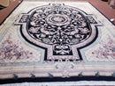 8x10 Aubusson Rug, Fine Hand Knotted Wool Carpet, French European Design, Black & Ivory