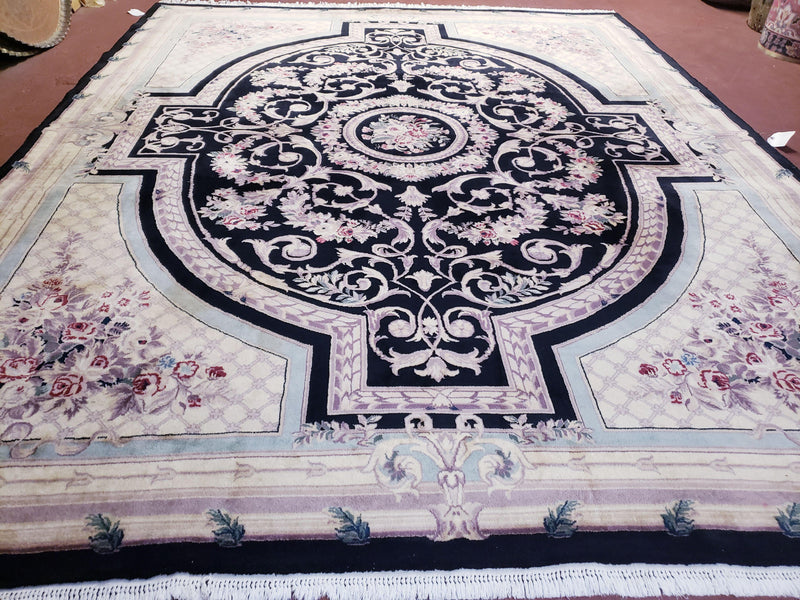 8x10 Aubusson Rug, Fine Hand Knotted Wool Carpet, French European Design, Black & Ivory