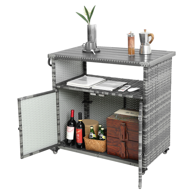 Outdoor Wicker Bar Cart, Patio Wine Serving Cart w/Wheels, Rolling Rattan Beverage Bar Counter Table w/Glass Top for Porch Backyard Garden Poolside Party, Light brown