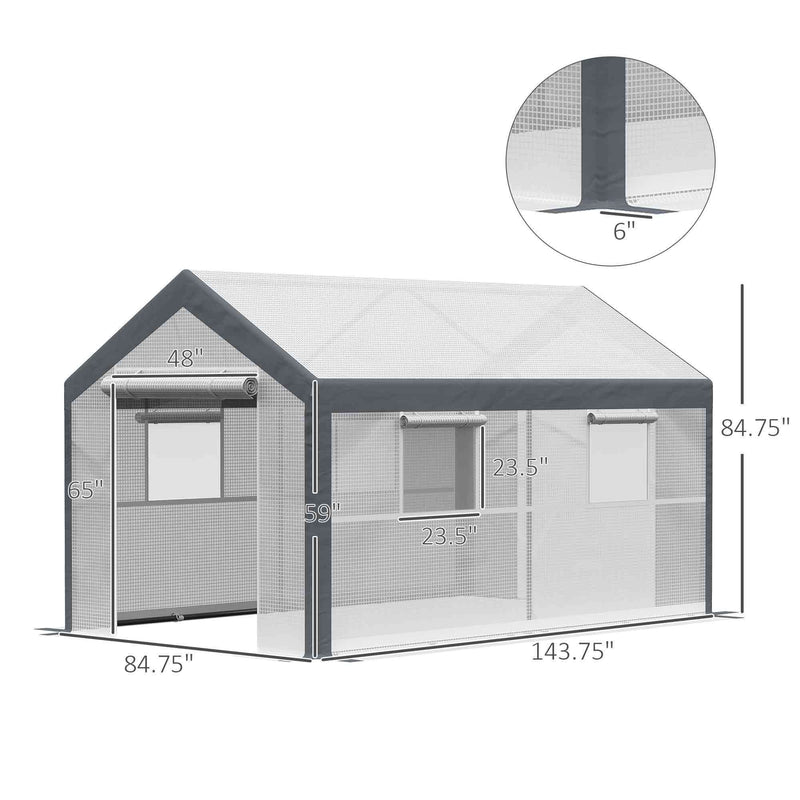 12' x 7' x 7' Walk-In Greenhouse, Outdoor Garden Warm Hot House with 4 Roll-up Windows, 2 Zippered Doors and Weather Cover, White