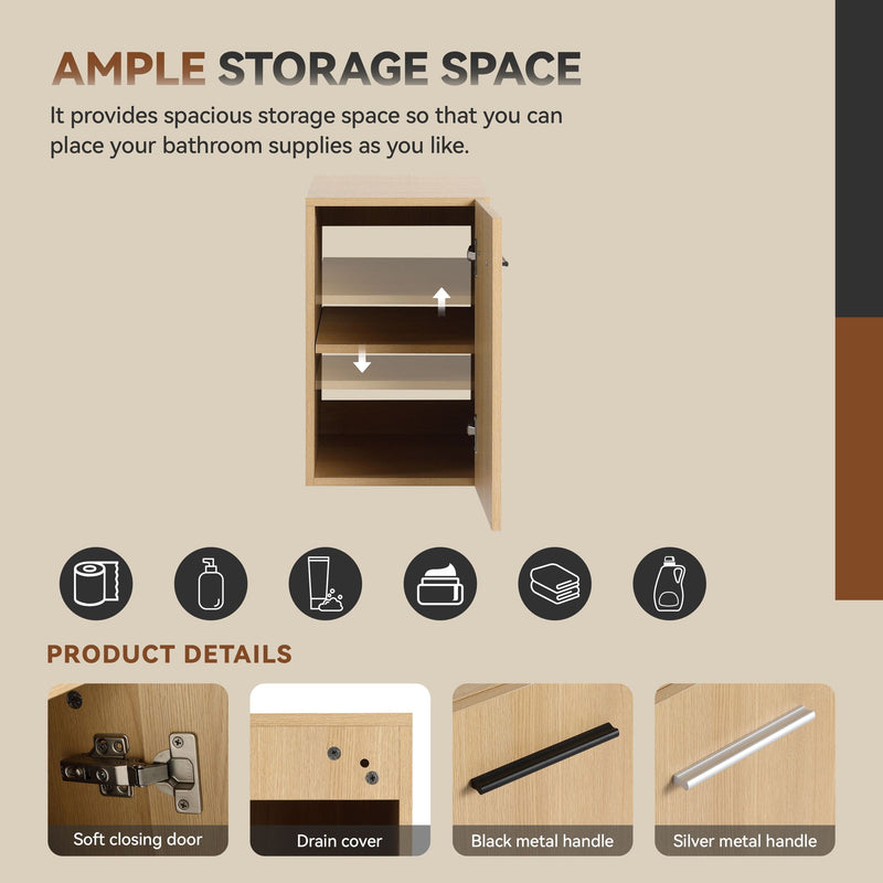 Floating Bathroom Vanity Single Door Base Cabinet, Wall Mounted Storage - Light Oak, photo 13 of 18