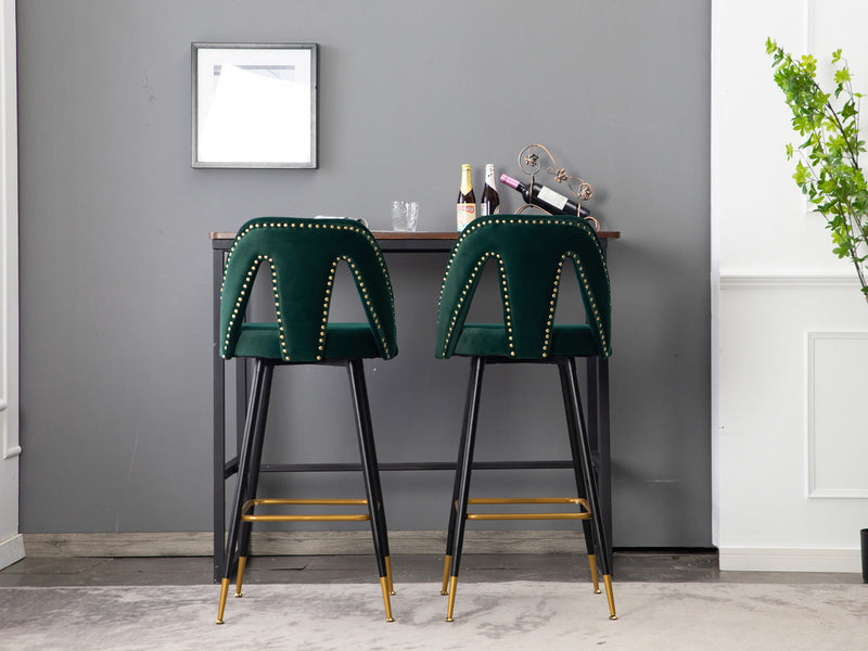 Akoya Collection Modern Contemporary Velvet Upholstered Connor 28" Bar Stool & Counter Stools with Nailheads and Gold Tipped Black Metal Legs, Set of 2 (Green)