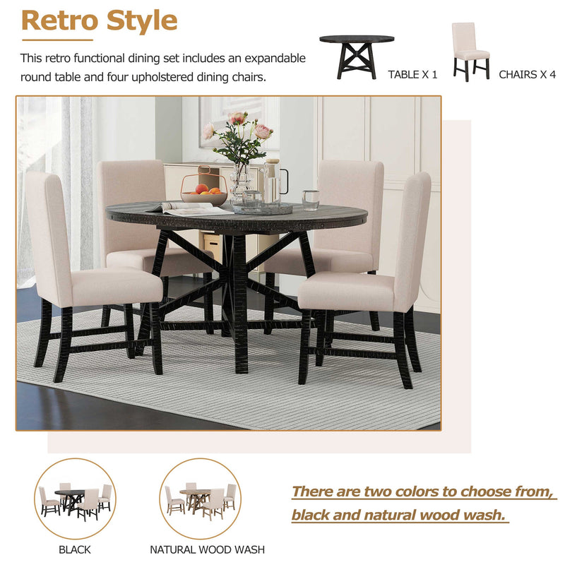 5-Piece Retro Functional Dining Set with Extendable Round Table with Removable Middle Leaf and 4 Upholstered Chairs for Dining Room and Living Room (Black)