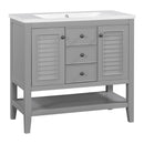 36" Bathroom Vanity with Ceramic Basin, Two Cabinets and Drawers, Open Shelf, Solid Wood Frame, Grey