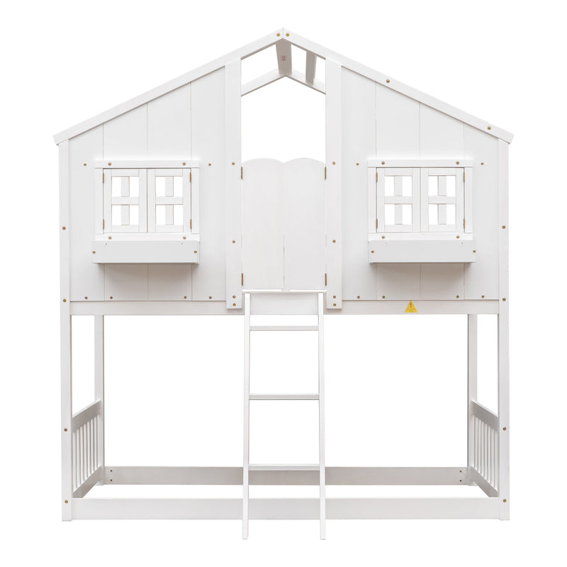 Twin over Twin House Bunk Bed with Roof, Window, Window Box, Door, with Safety Guardrails and Ladder, White