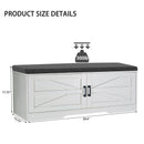 2 Tier Shoe Bench with Padded Seat, 2 Barn Doors and Adjustable Shelves, for Entryway and Living Room, White MDF