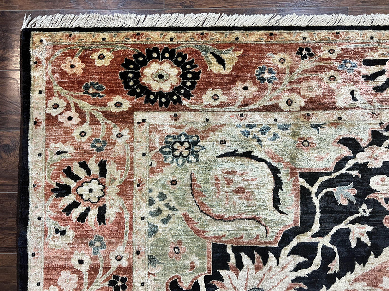Pak Persian Rug 8x10, Pakistani Mahal Sultanabad Carpet, Signature from Master Weaver, Shiny Wool, Black Red Vintage Handmade Medallion Rug