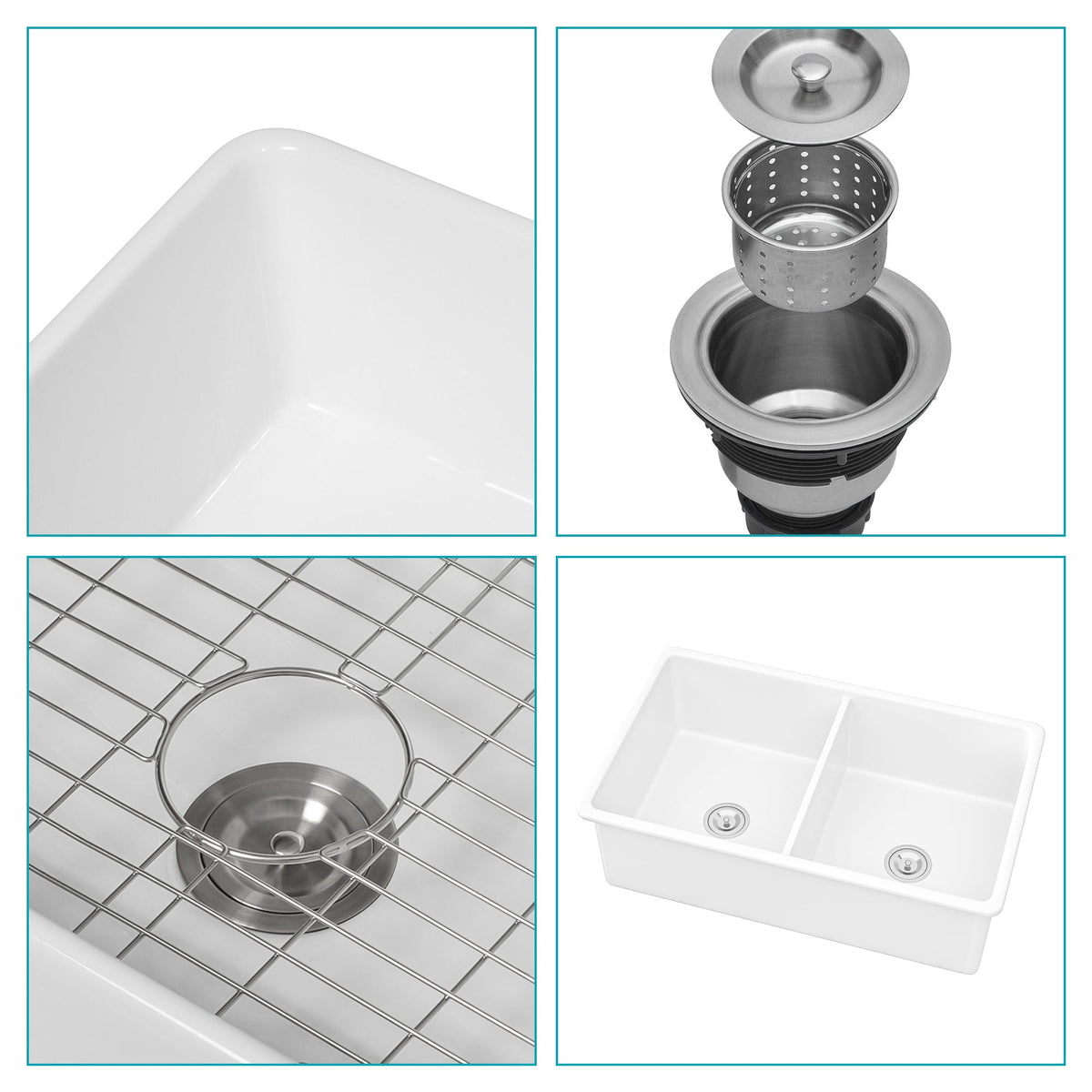 Elegant Dual Mount 32" Undermount Double Bowl Ceramic Kitchen Sink - White, photo 5 of 8