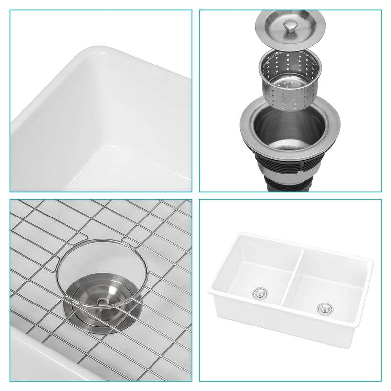 Elegant Dual Mount 32" Undermount Double Bowl Ceramic Kitchen Sink - White, photo 5 of 8