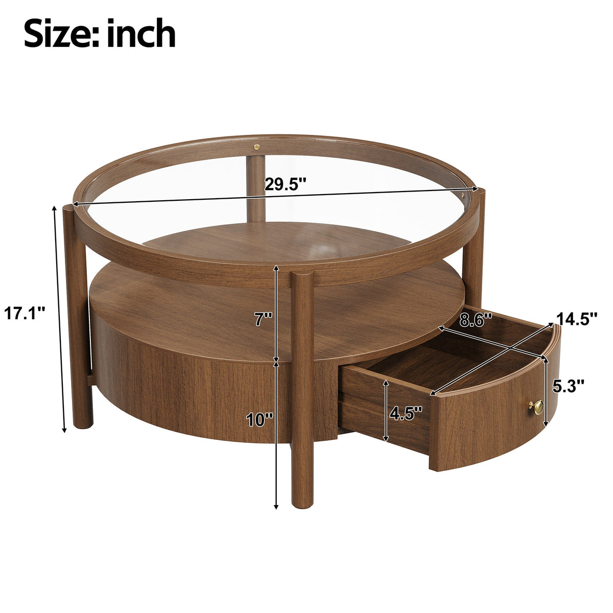 Solid Wood Round Glass Top Coffee Table with Storage Drawer, photo 5 of 10
